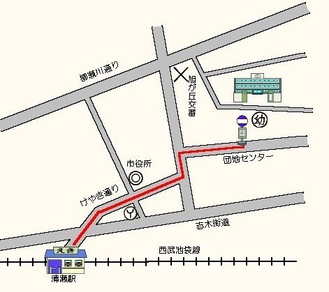 地図：清明小学校（清瀬駅からバス停　団地センターまで）