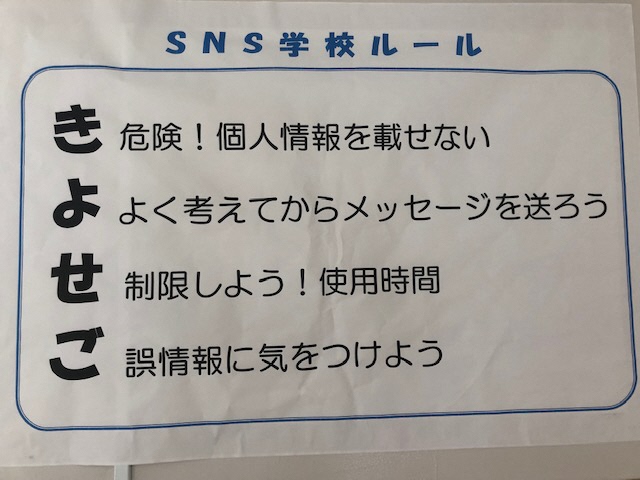 写真：SNS学校ルール　き：危険！個人情報を載せない。よ：よく考えてからメッセージを送ろう。せ：制限しよう！使用時間。ご：誤情報に気をつけよう。