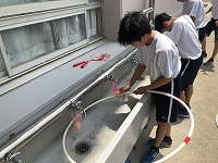 写真：フラフープを洗う生徒たち
