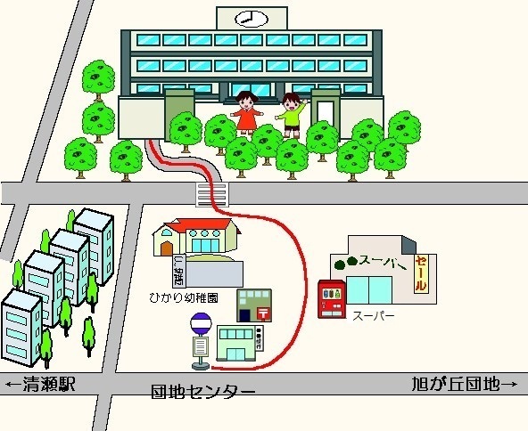 地図：清明小学校（バス停団地センターから学校まで）