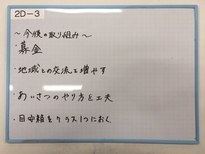 写真：2D-3「今後の取り組み」募金、地域との交流を増やす、あいさつのやり方を工夫、目安箱をクラス1つにおく