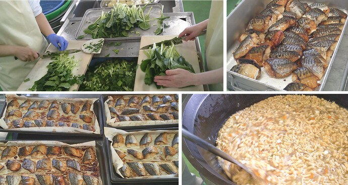 青菜などの野菜、鯖の塩焼き調理写真