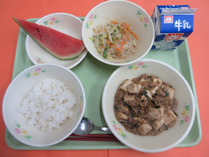 6月15日 ご飯 マーボー豆腐 バンウースー 小玉すいか