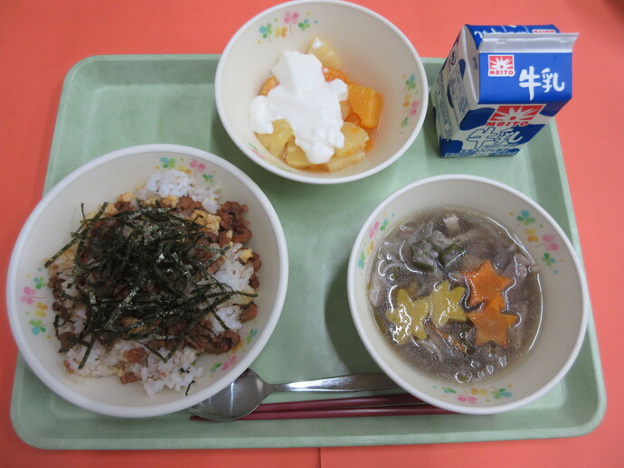 7月7日 あなごちらし 七夕そうめん汁 フルーツヨーグルトがけ 牛乳